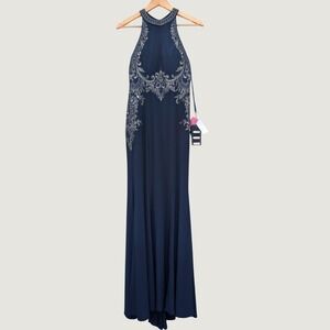 MGNY 71625 Evening Gown Womens 4 Navy Blue Polyester Beaded Halter MOB